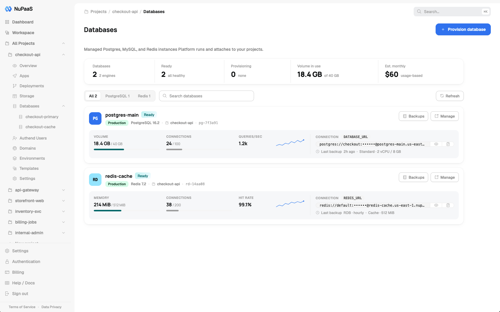 NuPaas database management screen with stats like volume, connections, queries